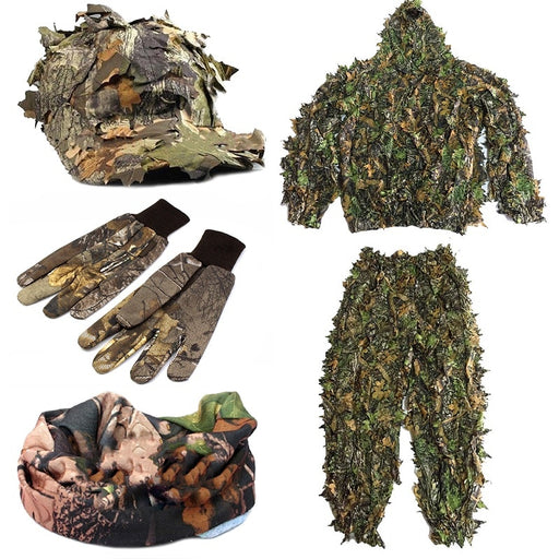 CS 3D Leaf Yowie Sniper Clothes 4pcs Ghillie Suit+ Jungle Cap + Camouflage Glove + Scarf  for Military Hunting